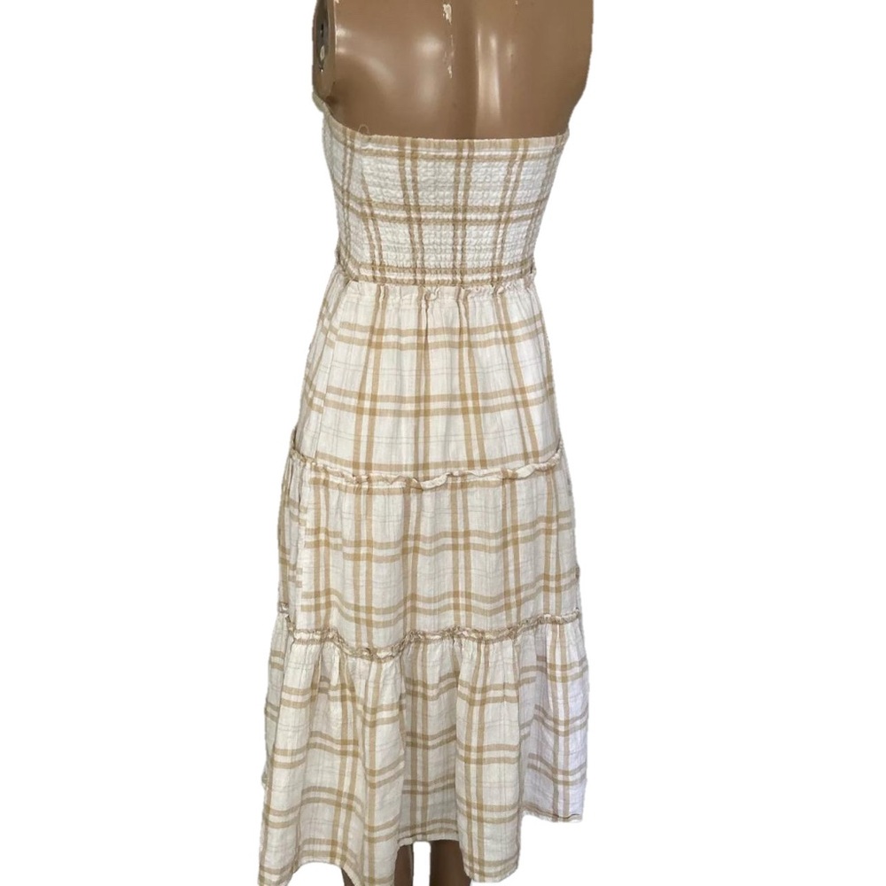 American Eagle M Smocked Linen Blend Dress White Tan Beige Plaid Ruffle … - Picture 4 of 7